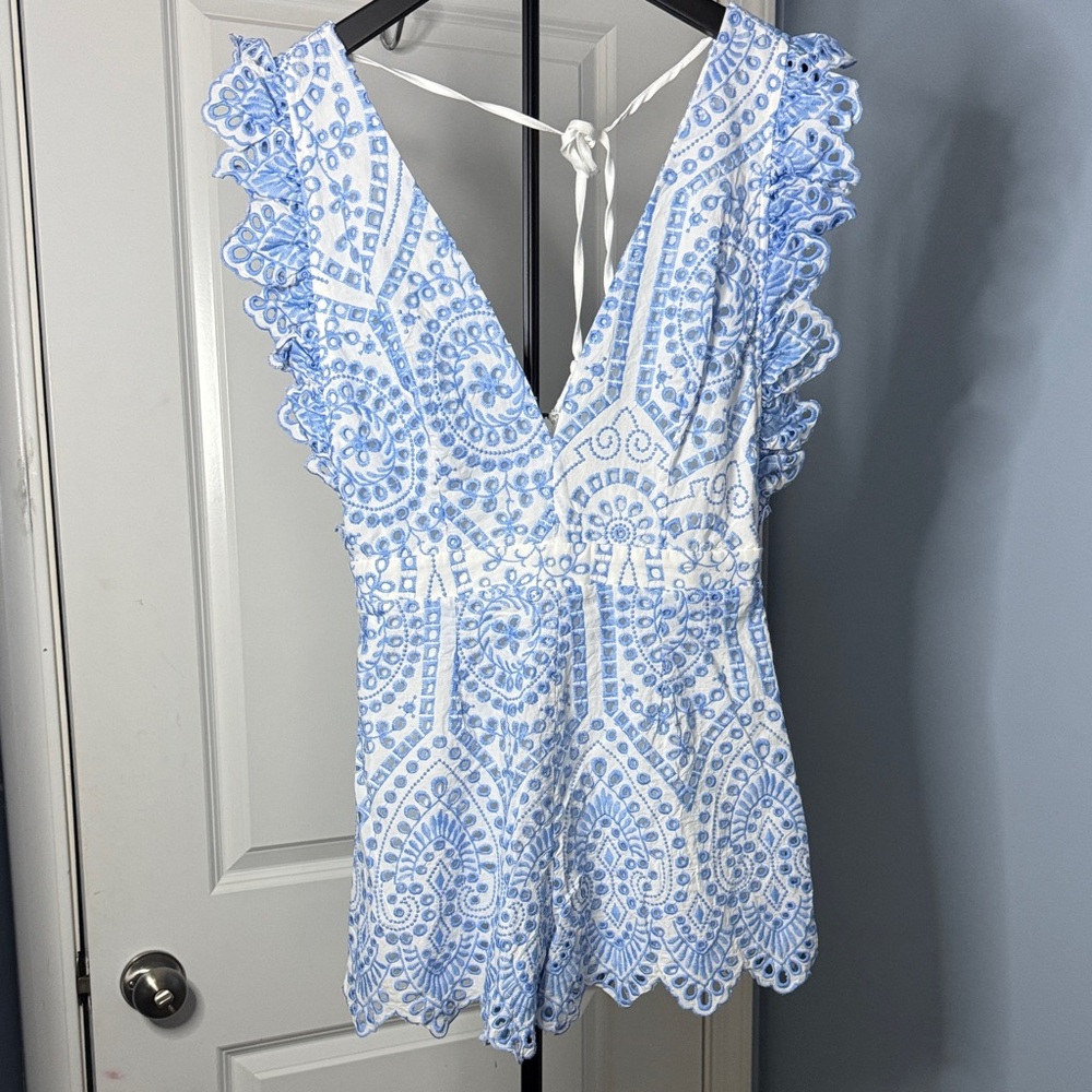 Light Blue & White Lace Romper - Women's V-Neck Jumpsuit - Picture 2 of 6